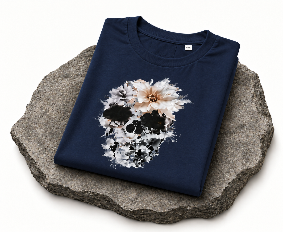 Floral Skull Graphic T-Shirt – Navy Blue