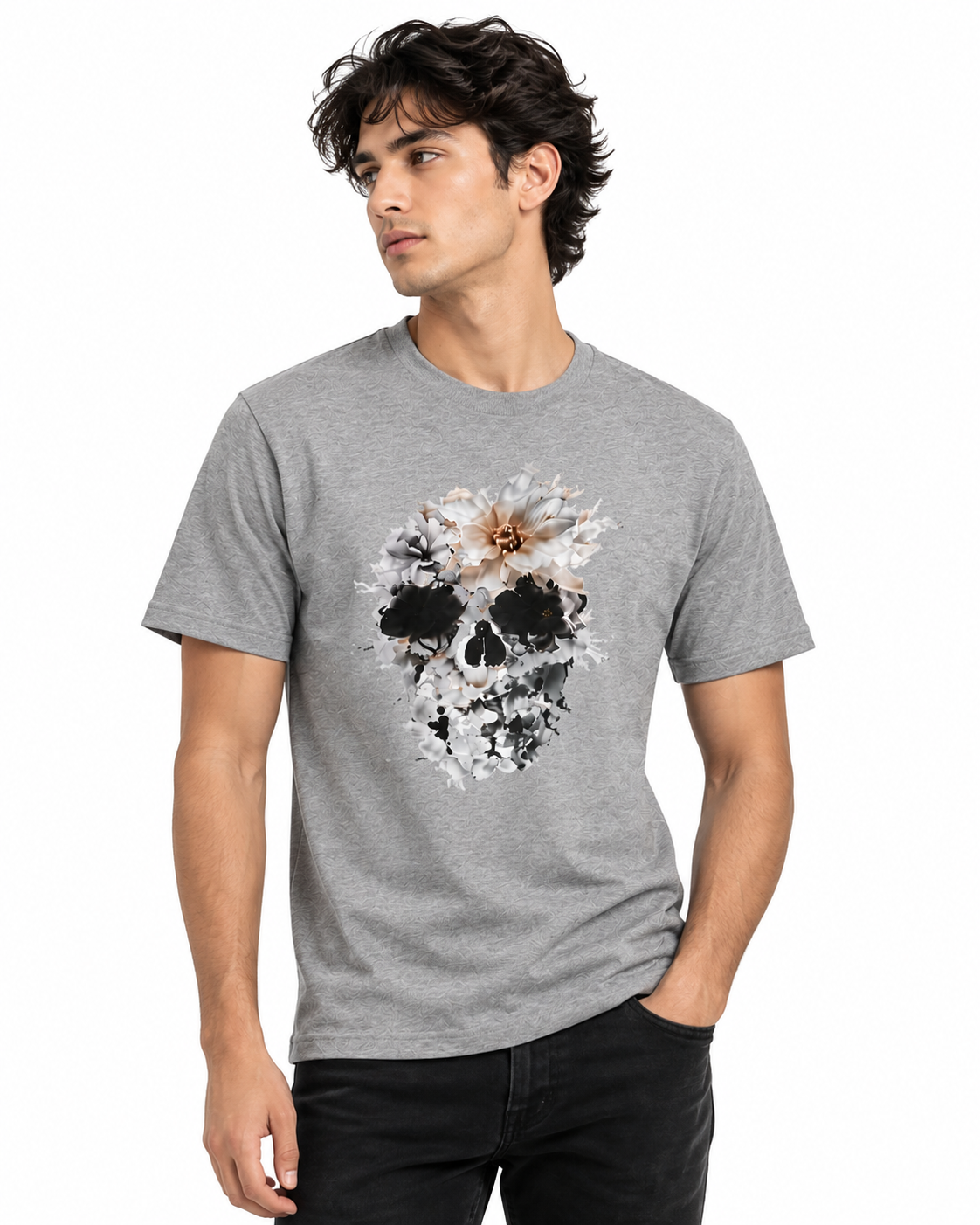 Floral Skull Graphic T-Shirt – Gray