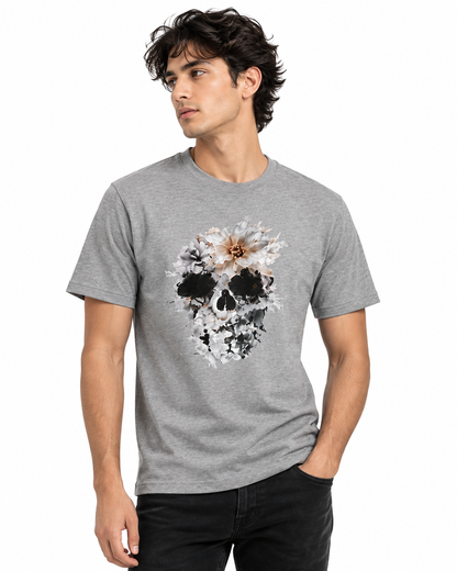 Floral Skull Graphic T-Shirt – Gray
