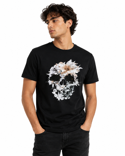 Floral Skull Graphic T-Shirt – Black