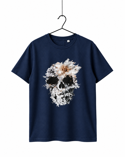 Floral Skull Graphic T-Shirt – Navy Blue
