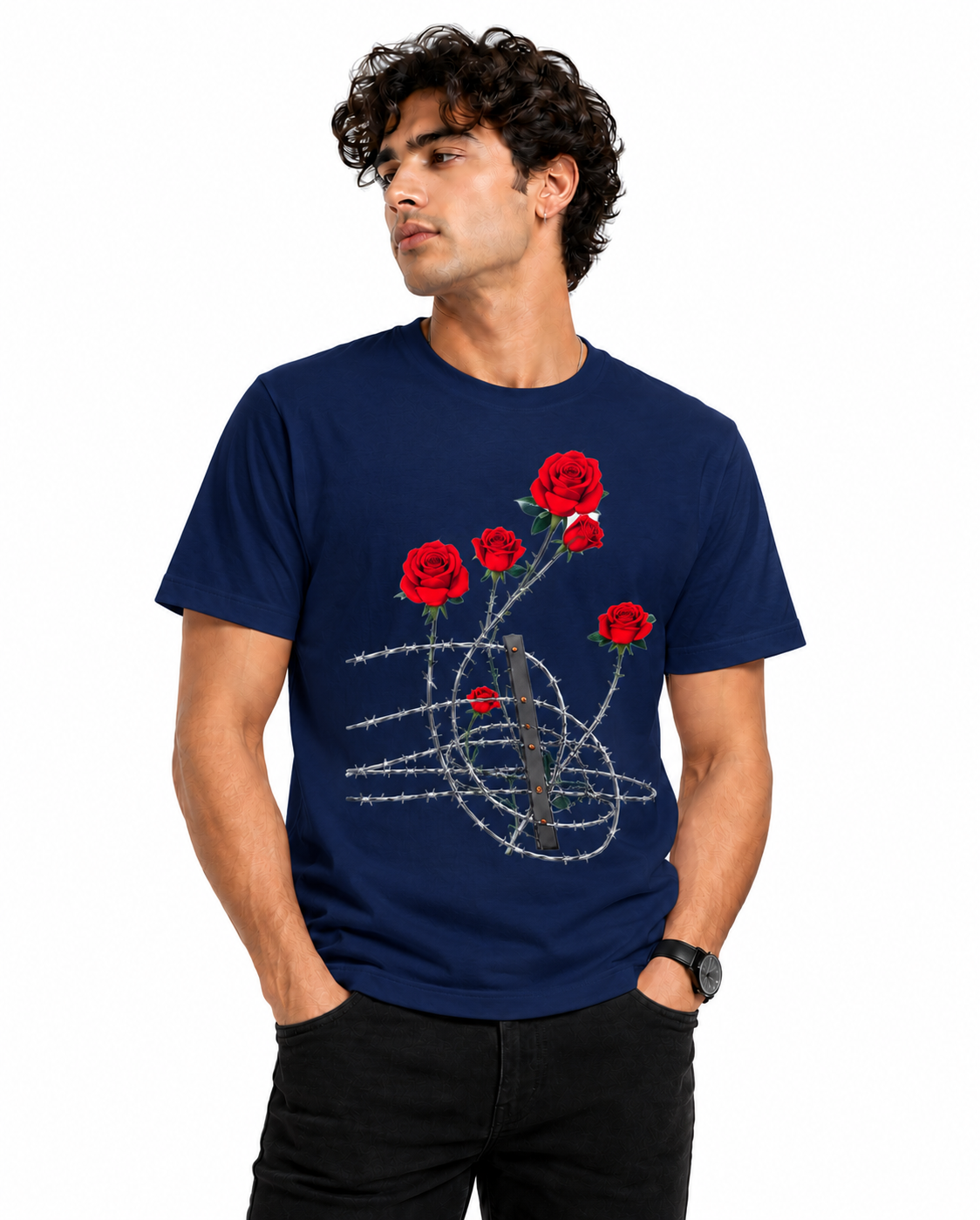 Barbed Rose Graphic T-Shirt – Navy Blue
